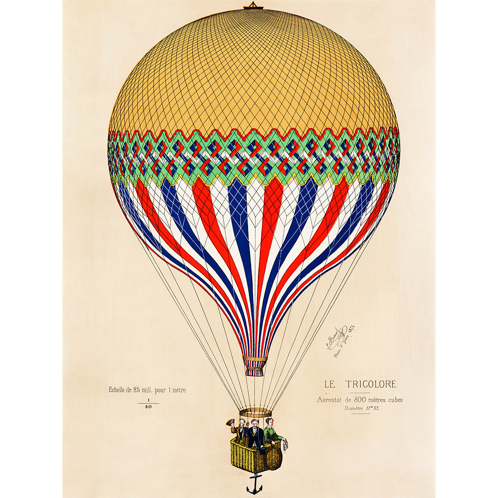Vintage Hot Air Balloon Art The Tricolor With French Flag Paris, 1874 ...