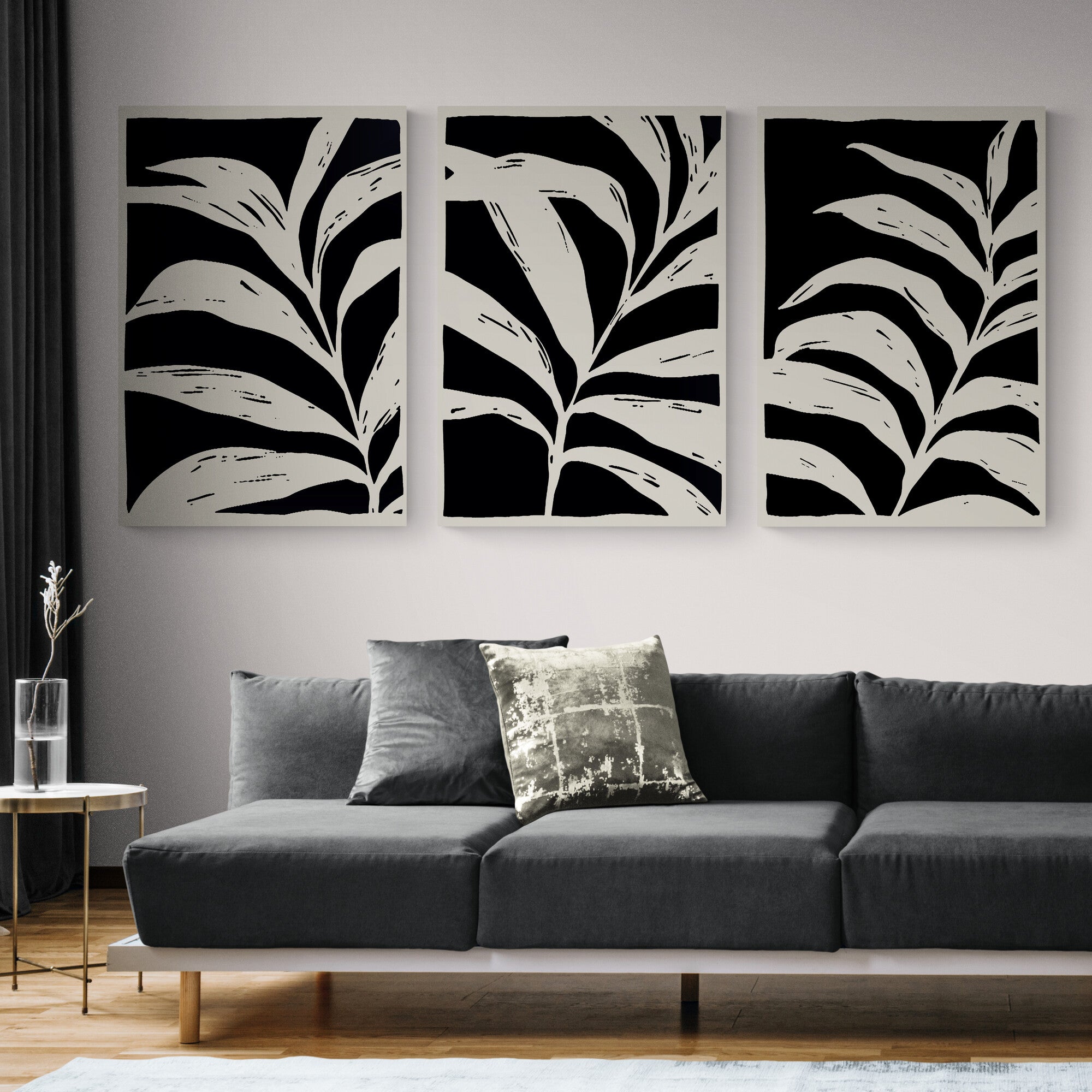 Black and White Leaves Set of Abstract Wall Art Wrapped Frame