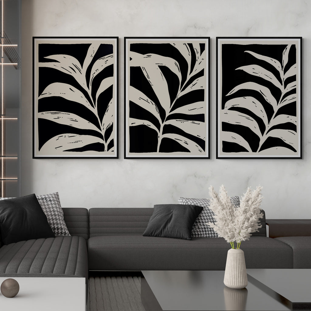 Black and White Leaves Set of 3 Abstract Wall Art