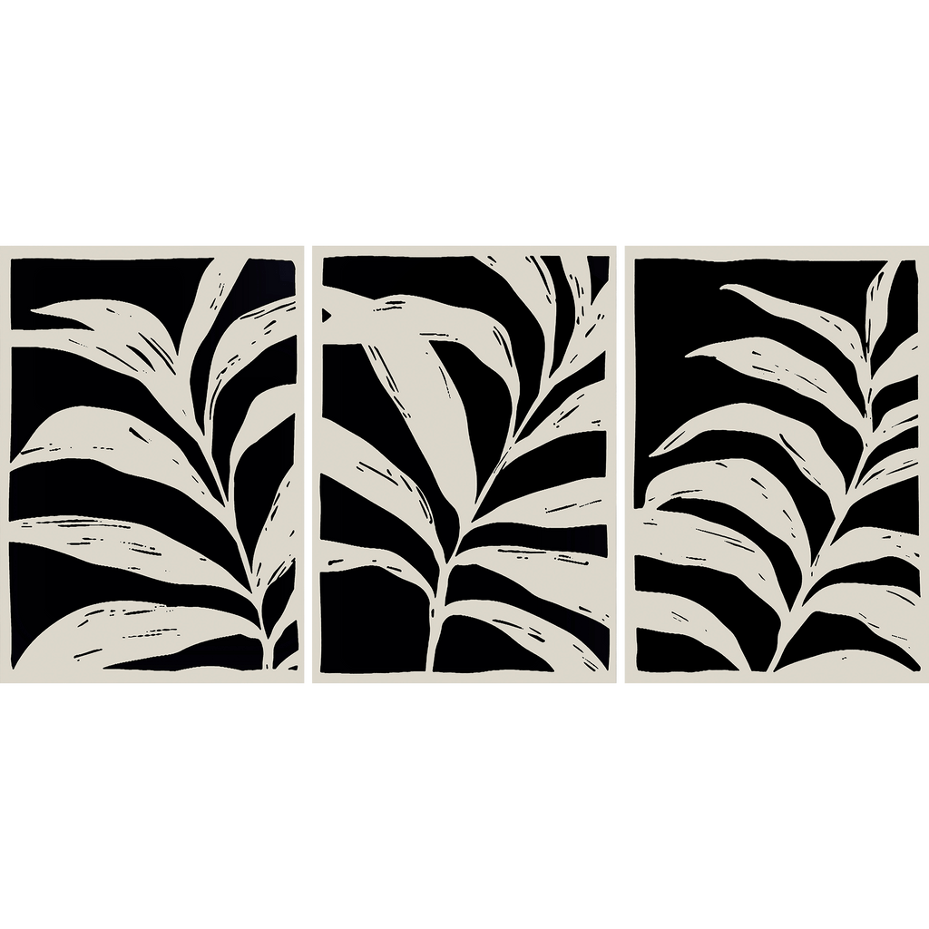 Black and White Leaves Set of 3 Abstract