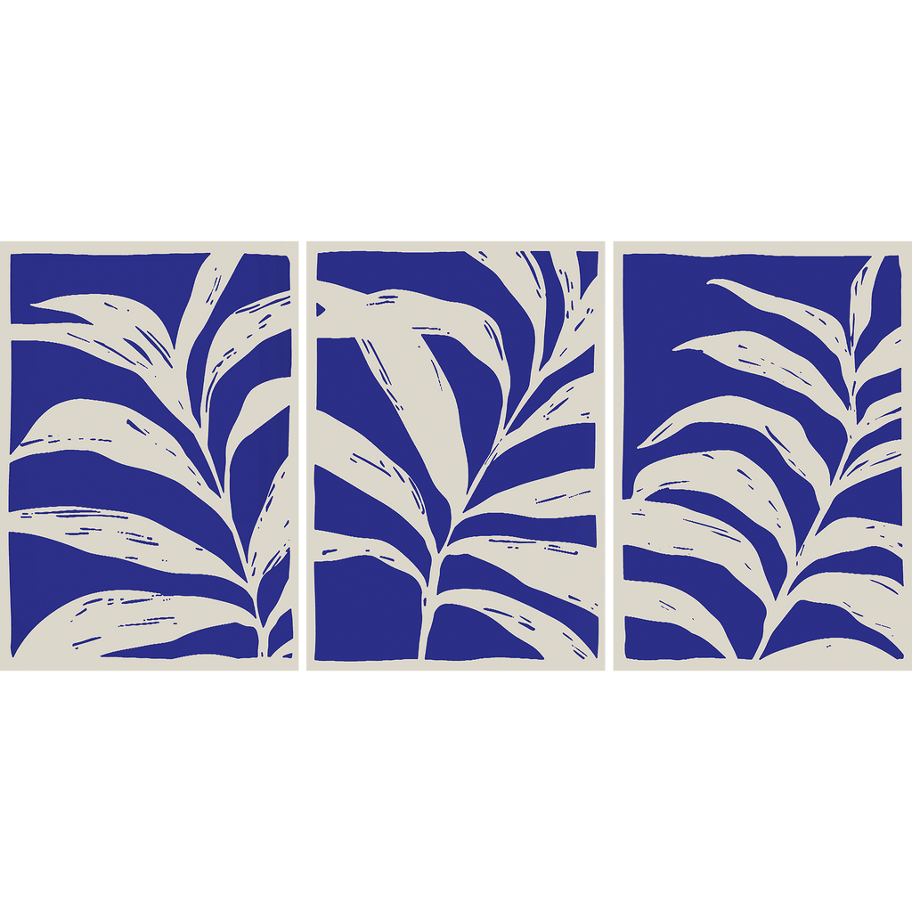 Blue and White Leaves Set of 3 Abstract Wall Art