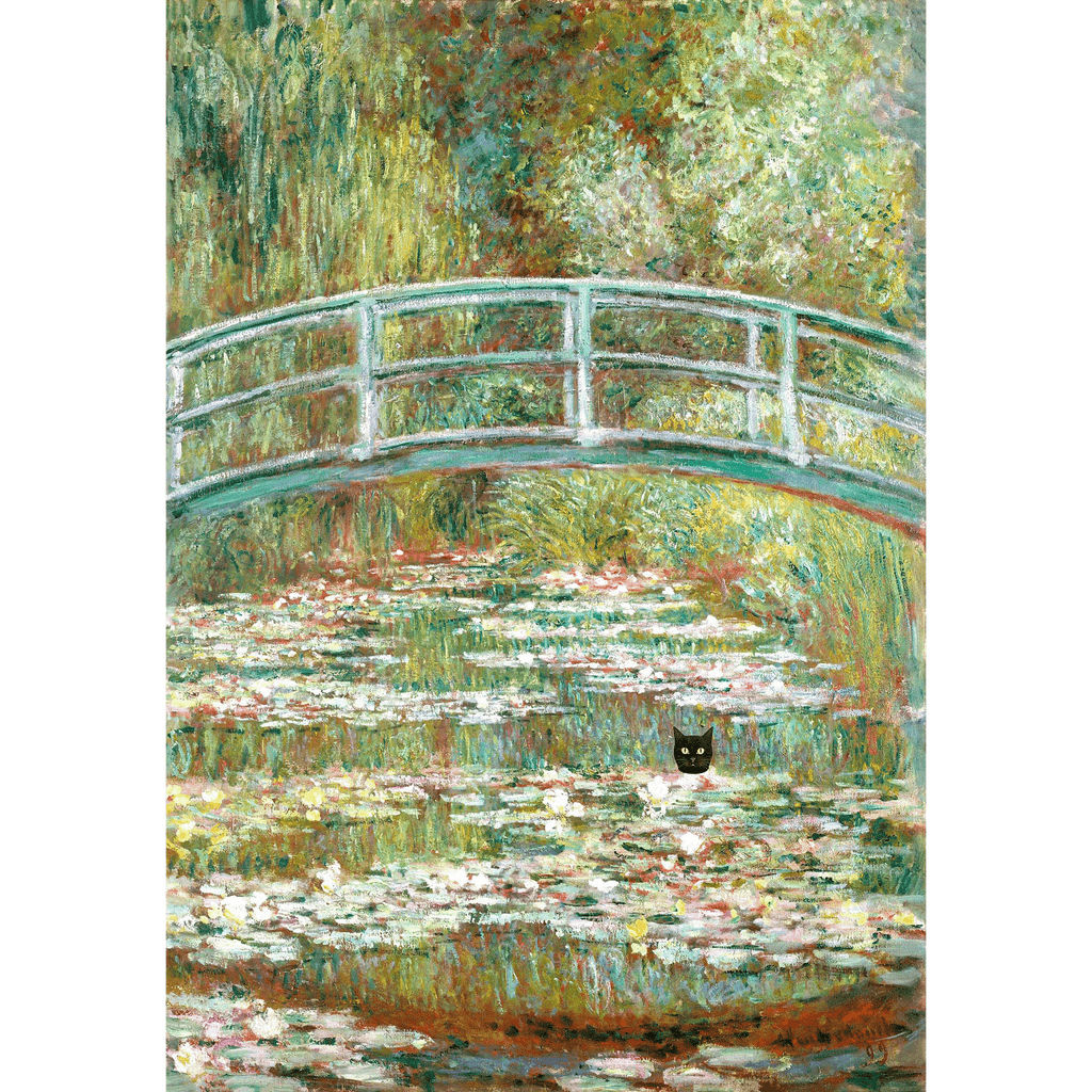 Bridge over a Pond of Water Lilies with Black Cat Funny Art by Claude Monet 