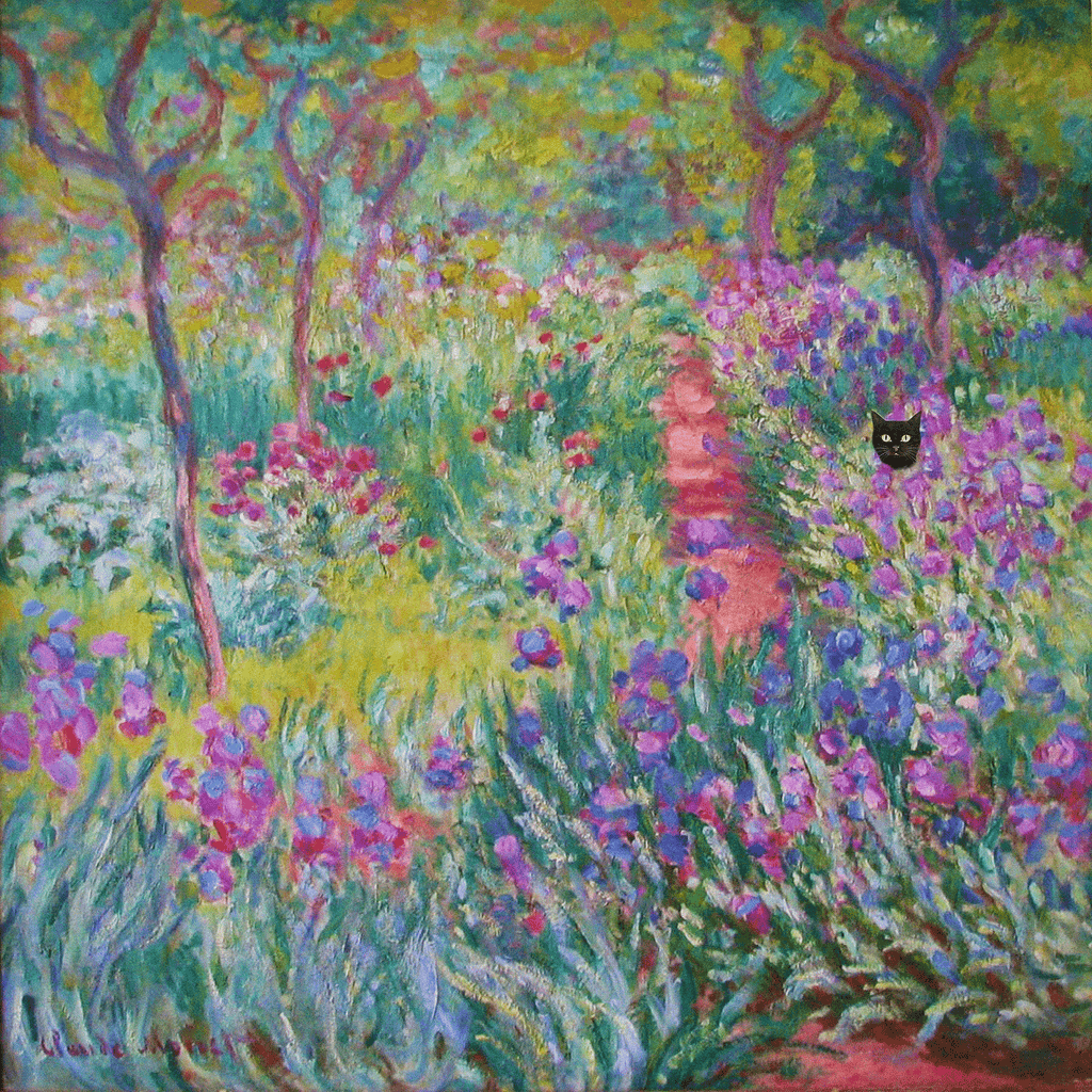 The Artist's Garden in Giverny by Claude Monet with Black Cat - Funny Wall Art