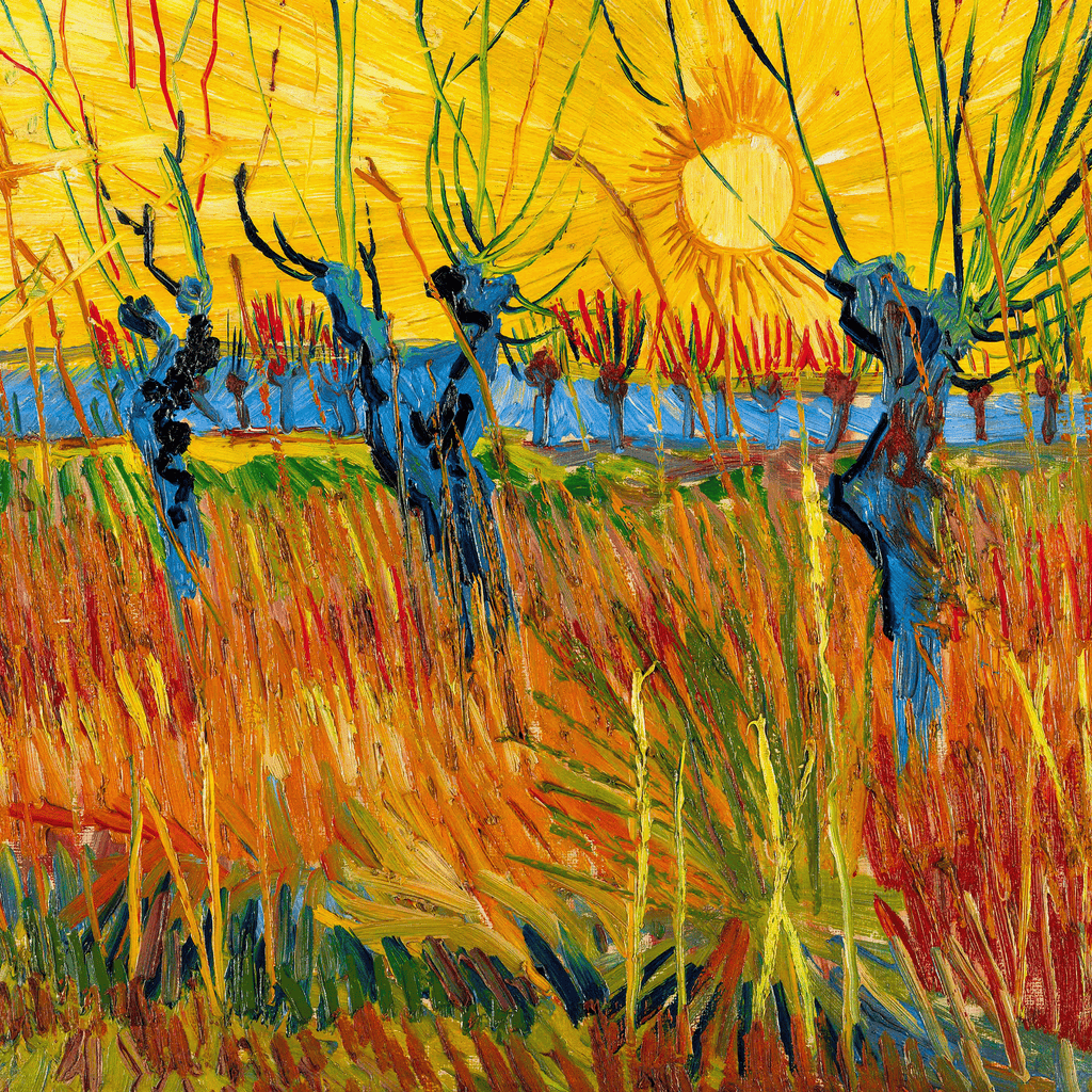 Pollard Willows and Setting Sun by Vincent Van Gogh