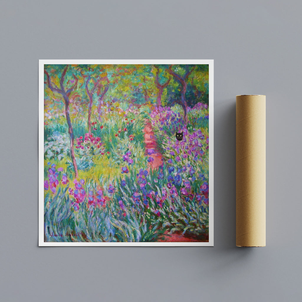 The Artist's Garden in Giverny by Claude Monet with Black Cat - Funny Wall Art