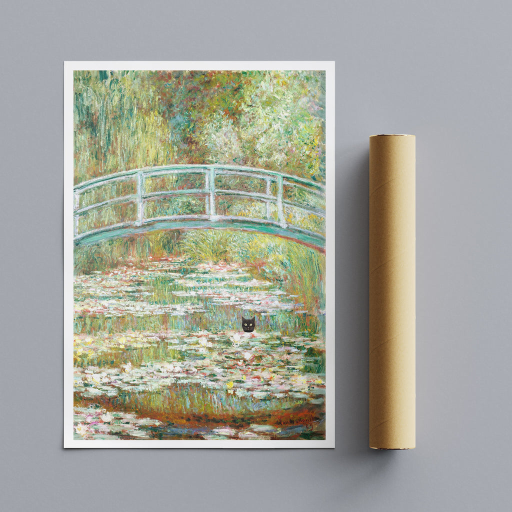 Bridge over a Pond of Water Lilies with Black Cat Funny Art by Claude Monet 
