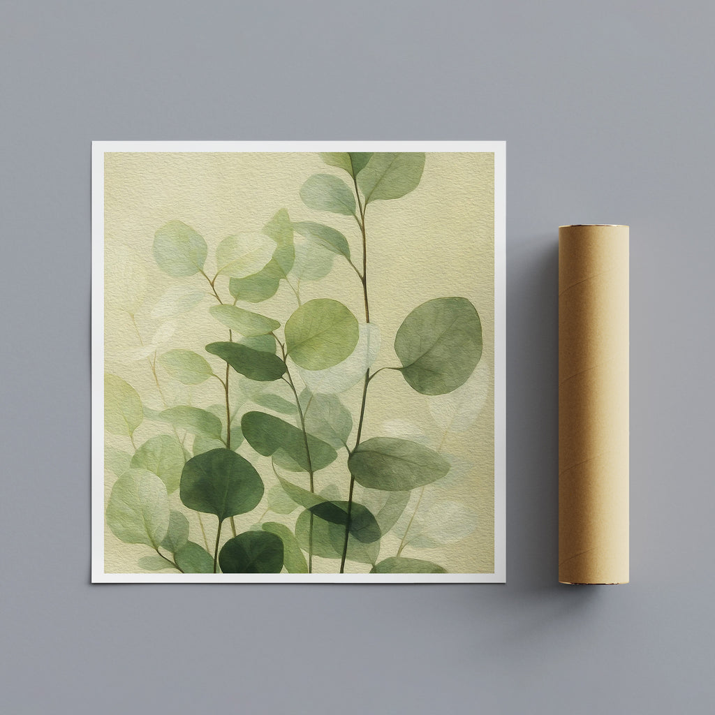 Framed botanical print with green leaves on a beige background, next to a roll of brown paper on a gray background.