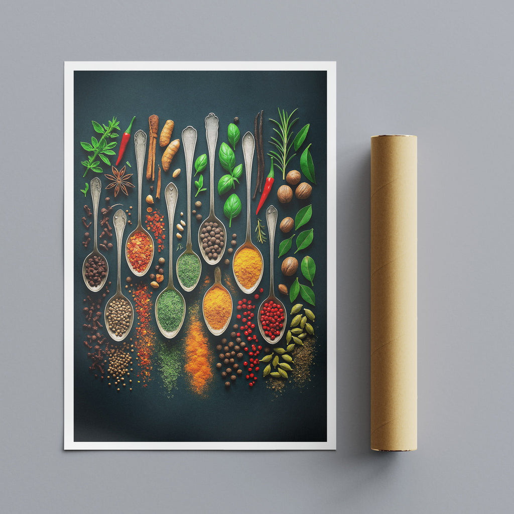 Framed artwork of spices and herbs arranged in spoons on a dark background, with a roll of paper beside it.