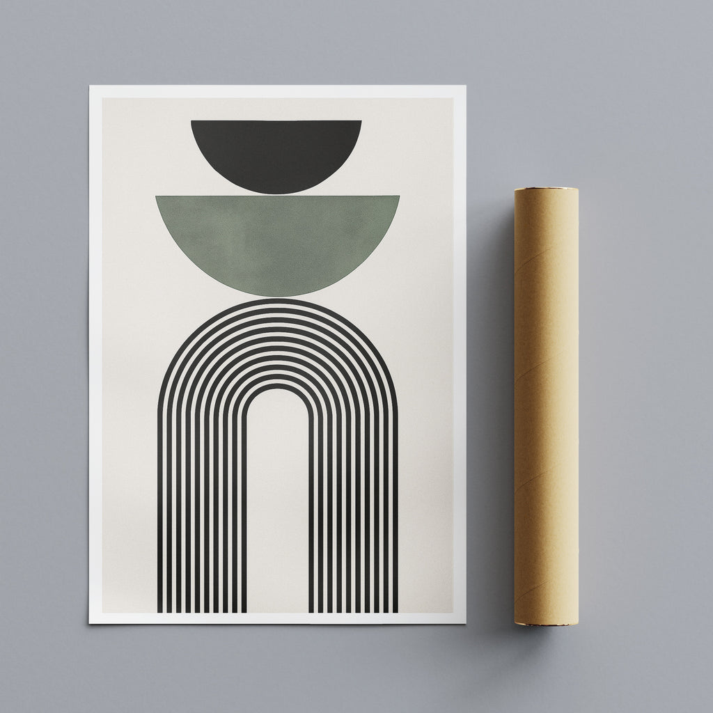 Abstract geometric design on a white background with a cardboard tube for scale.