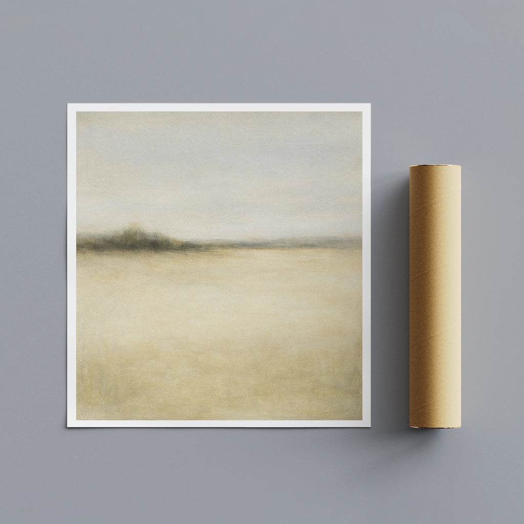 Framed abstract art piece on a gray wall with a rolled-up poster next to it.