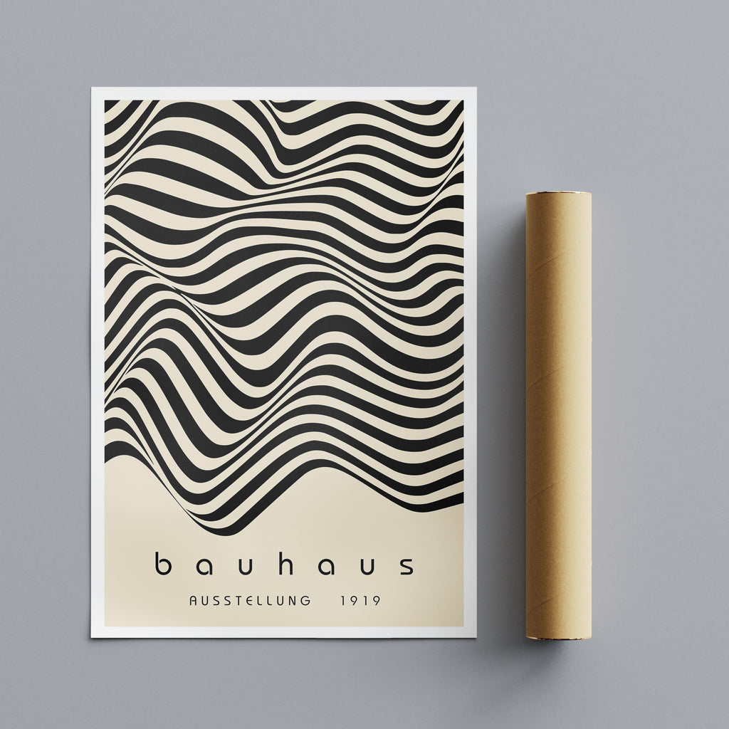 Bauhaus poster with wavy line design on a gray background