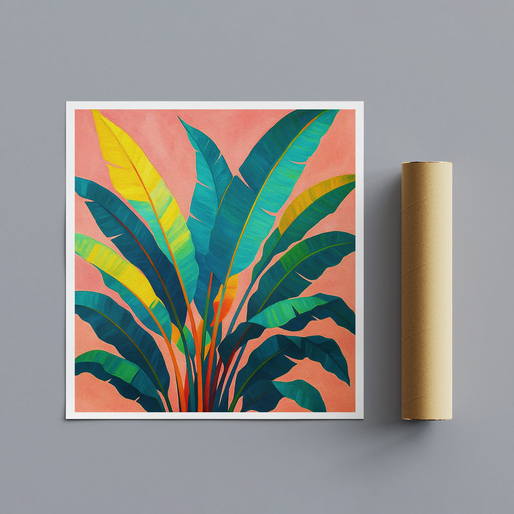 Framed tropical leaf art print on a gray background with a roll of brown paper.