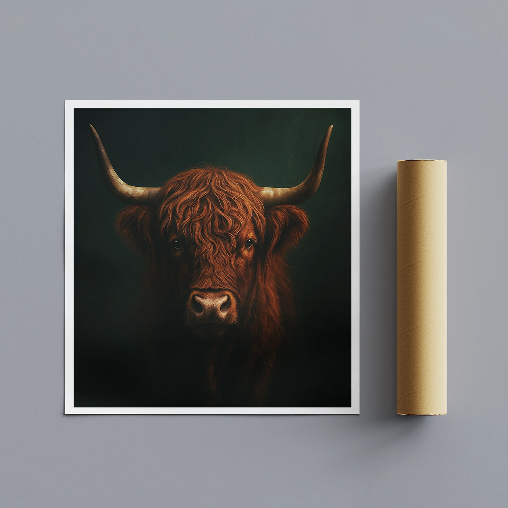 Framed artwork of a brown bull on a gray wall with a roll of paper beside it.
