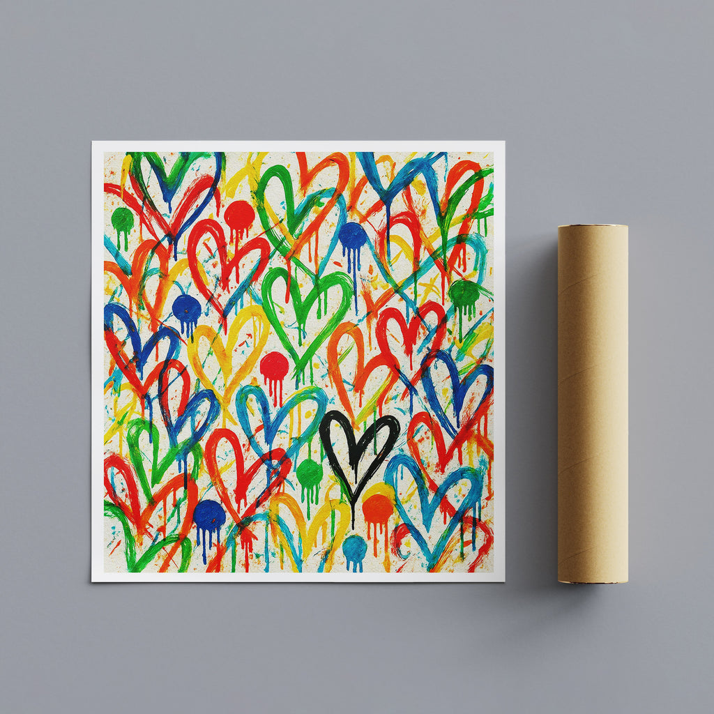 Colorful heart-shaped abstract art on a gray background with a roll of brown paper.