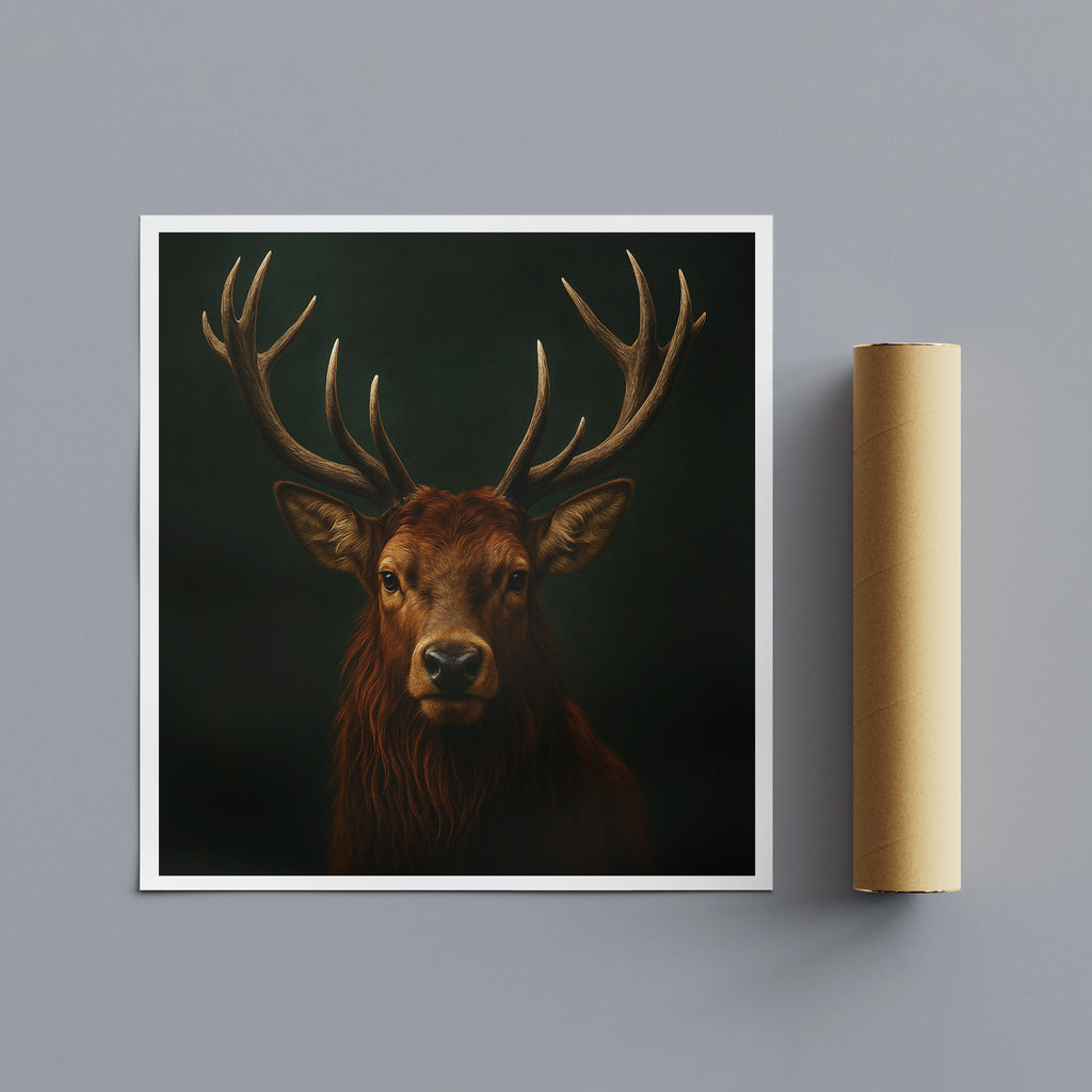 Framed artwork of a deer head with large antlers on a gray wall, next to a roll of paper.