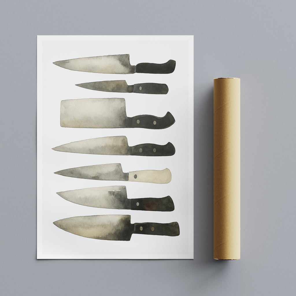 Roll of paper with illustrations of knives on a gray background