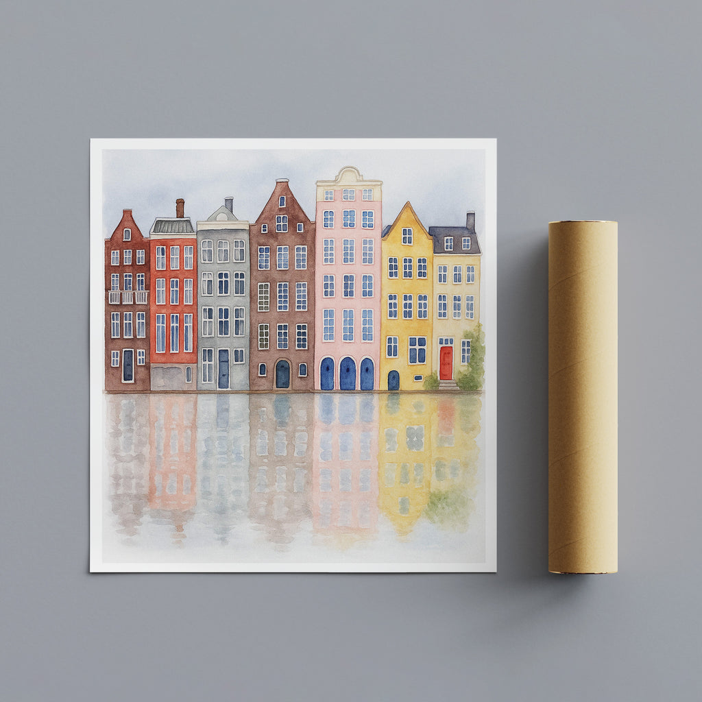 Roll of paper with a colorful illustration of buildings on a gray background