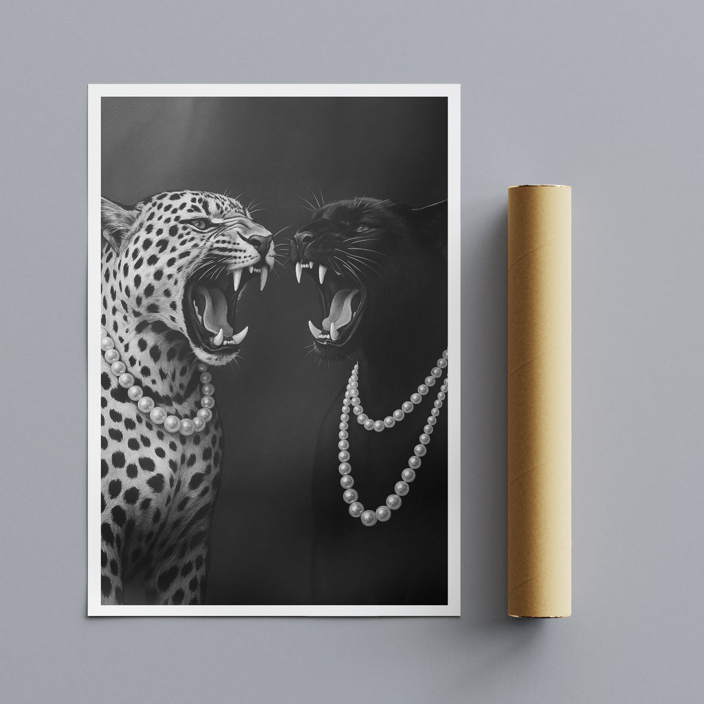 Framed artwork of two roaring leopards with pearls on a gray background