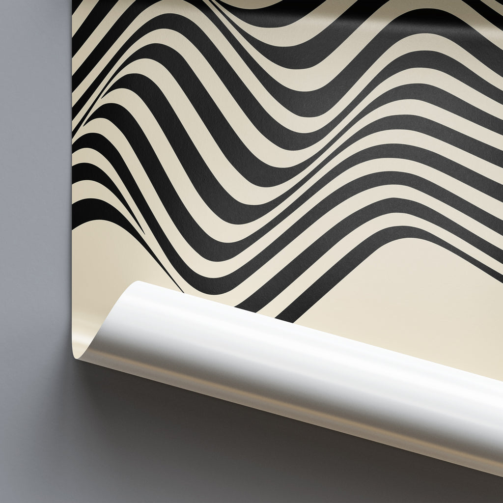 Roll of wallpaper with black and white wavy pattern on a gray background