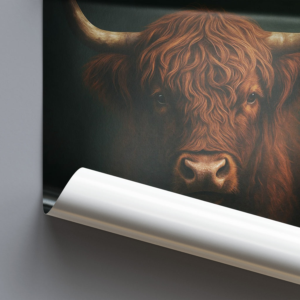 Close-up of a highland cow image printed on a roll of paper.