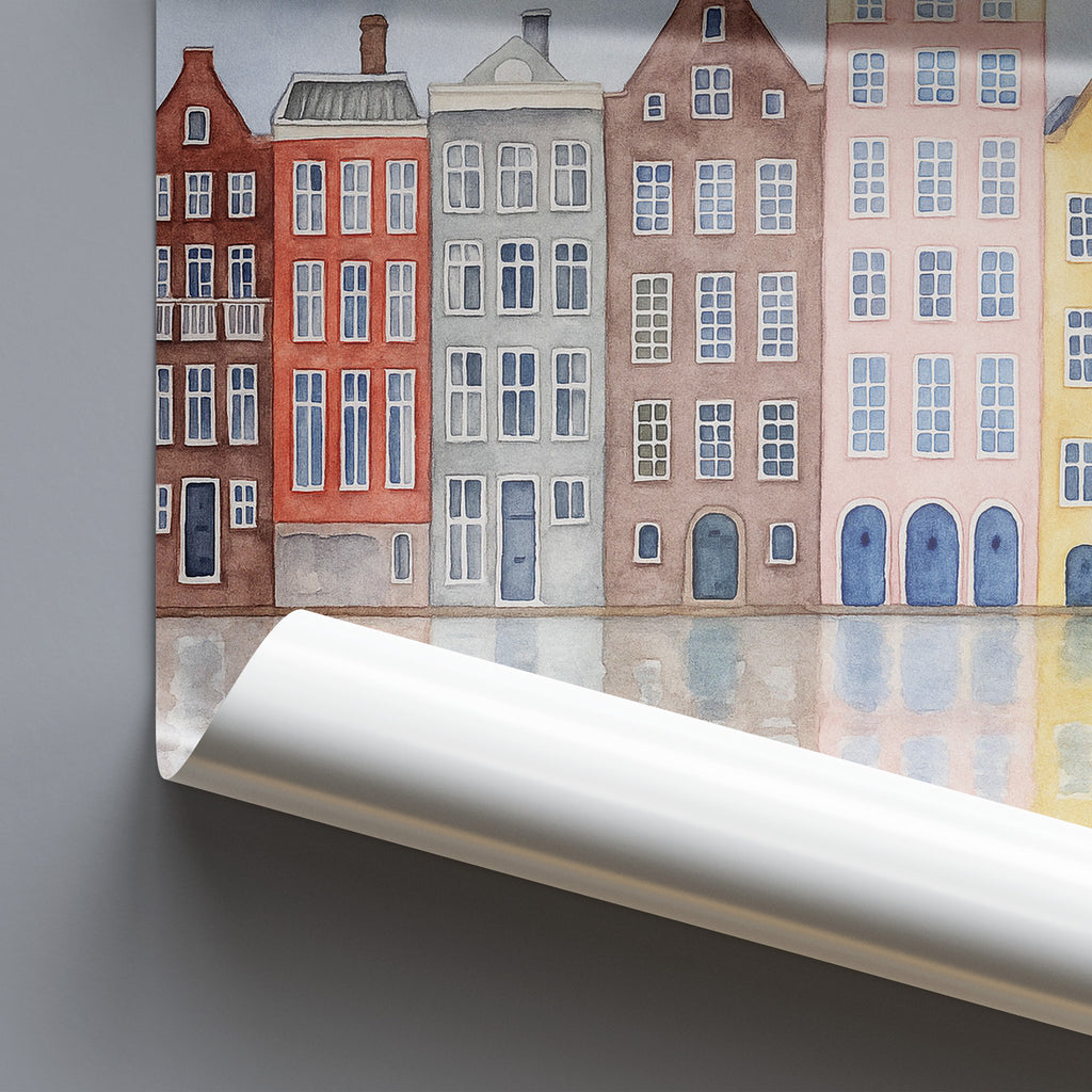 Roll of wallpaper with a design of colorful houses along a canal.