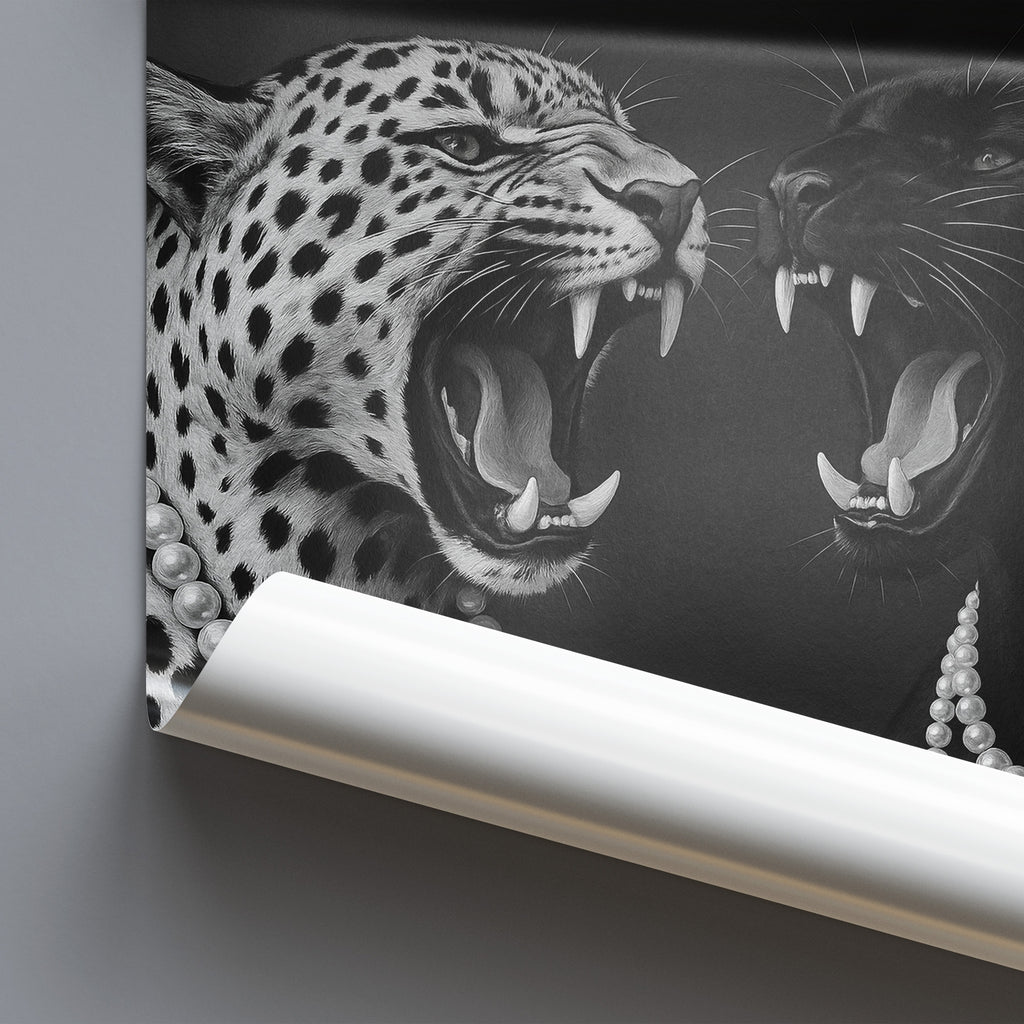 Two roaring leopards with pearls on a dark background
