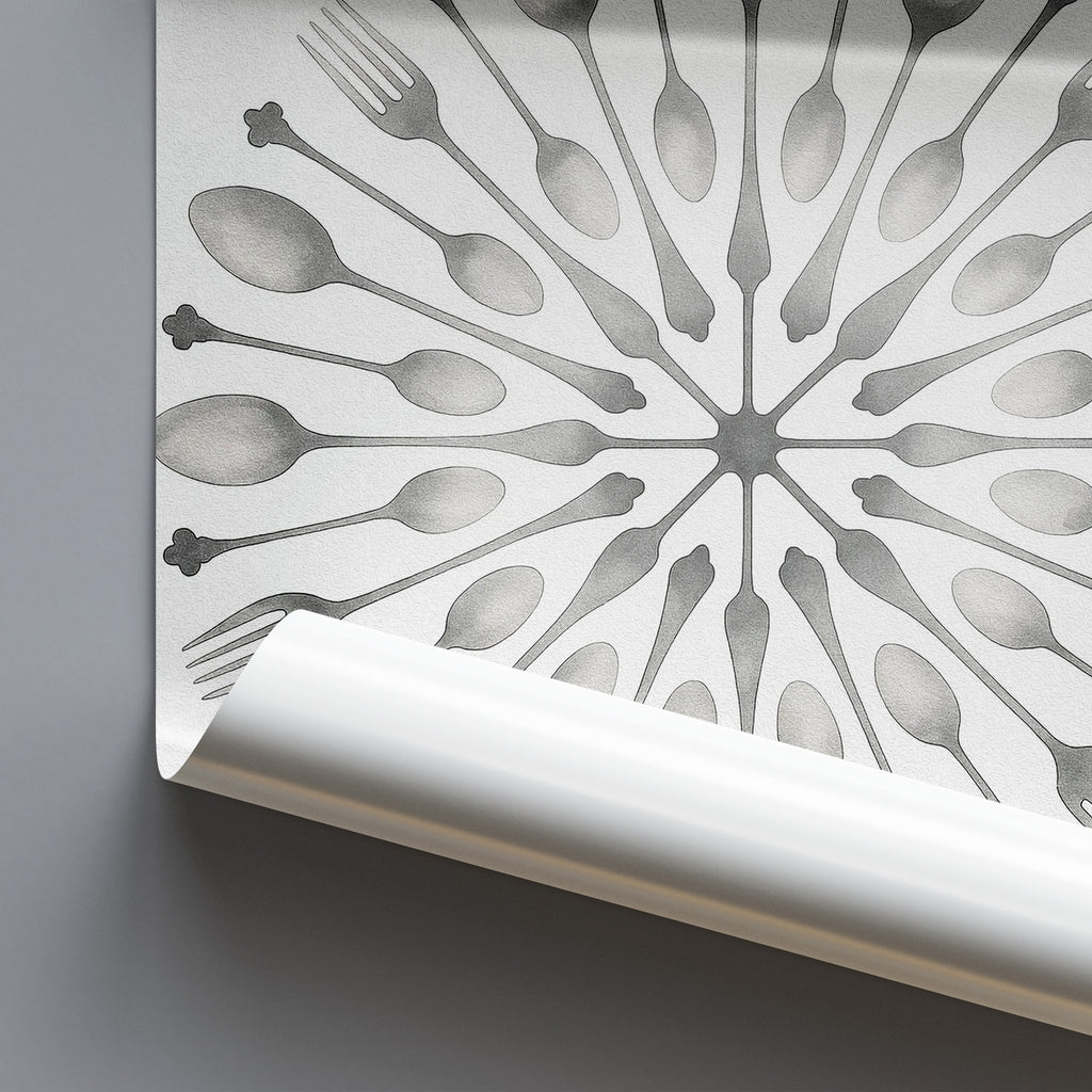 Decorative wallpaper with a geometric pattern of spoons and forks on a gray background