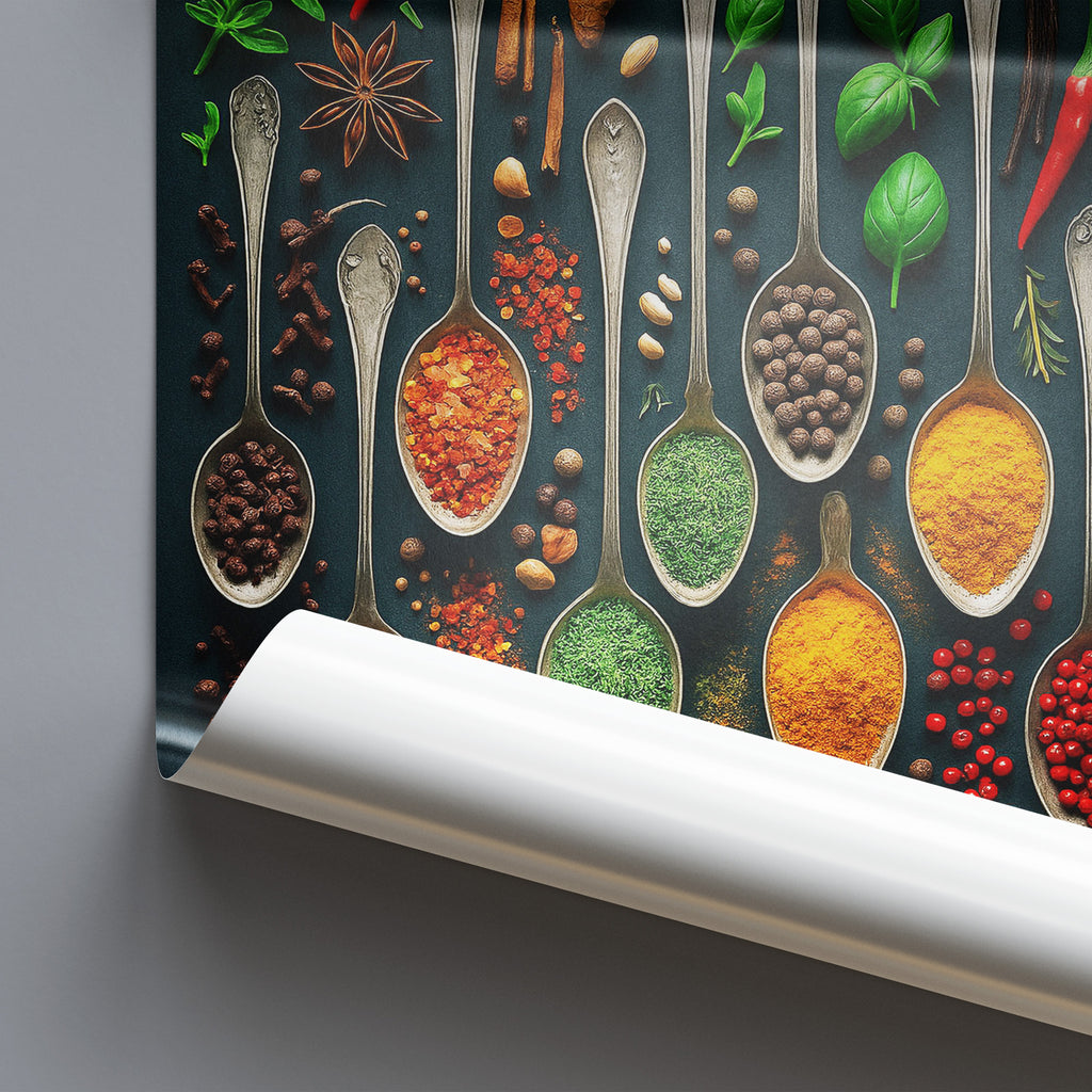 Spices and herbs in spoons on a dark background with a roll of paper in the foreground.