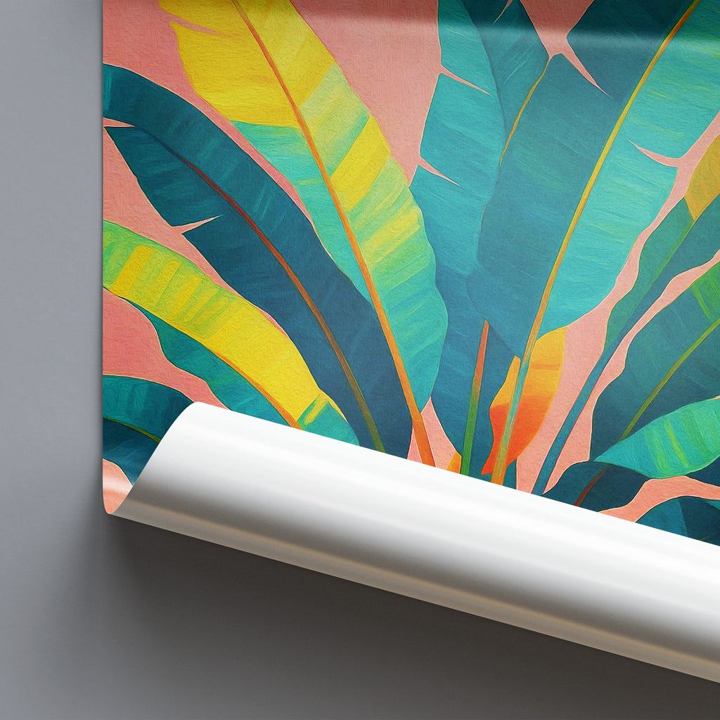 Roll of colorful tropical leaf patterned paper on a gray background