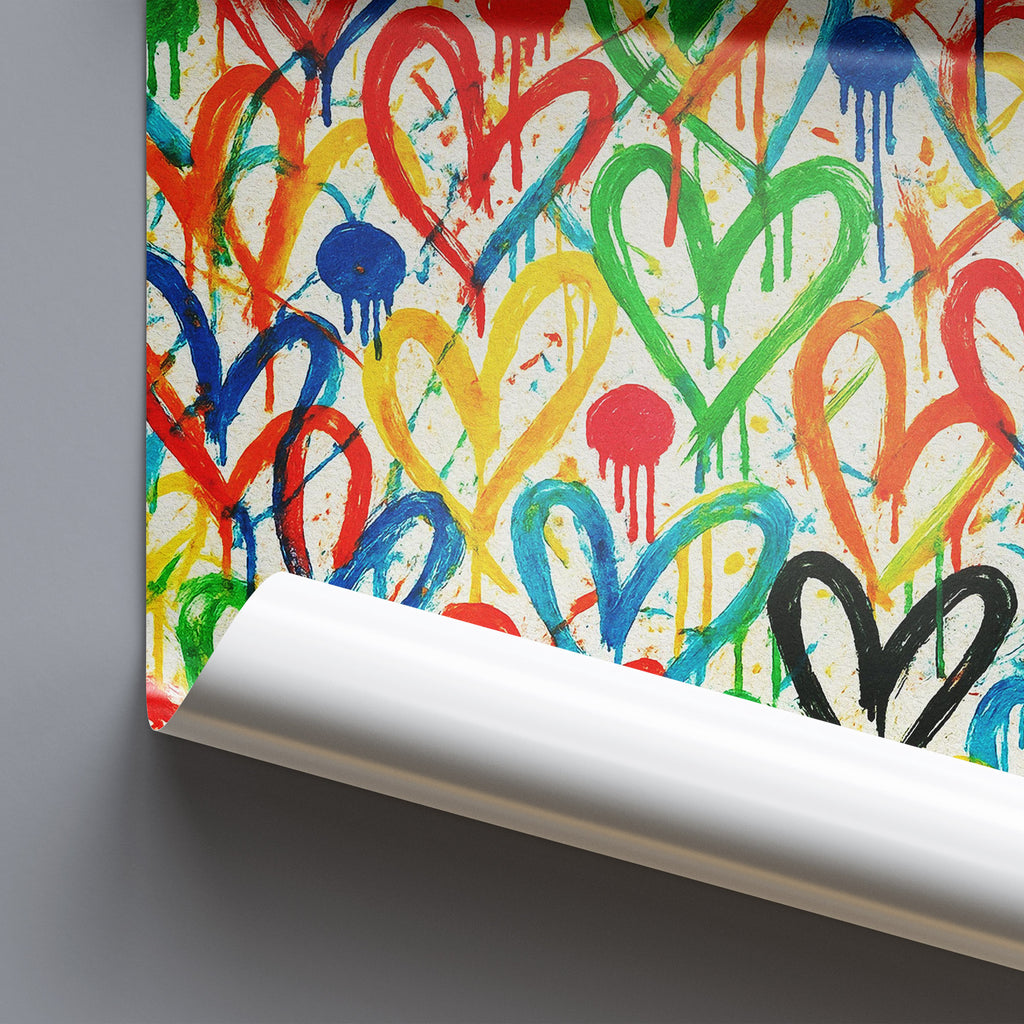 Colorful heart-shaped graffiti on a textured surface with a roll of paper in the foreground.