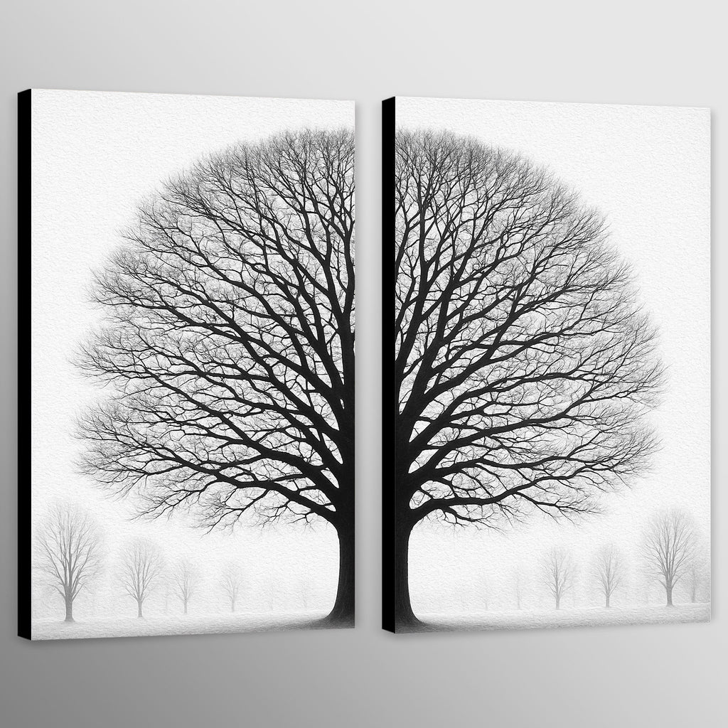 Two black and white tree canvases on a light gray background