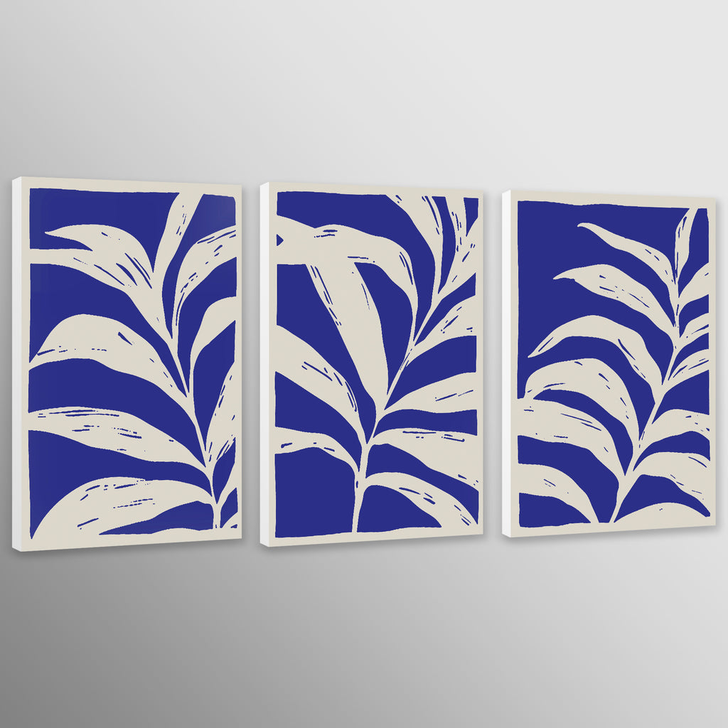 Blue and White Leaves Set of 3 Abstract Wall Art