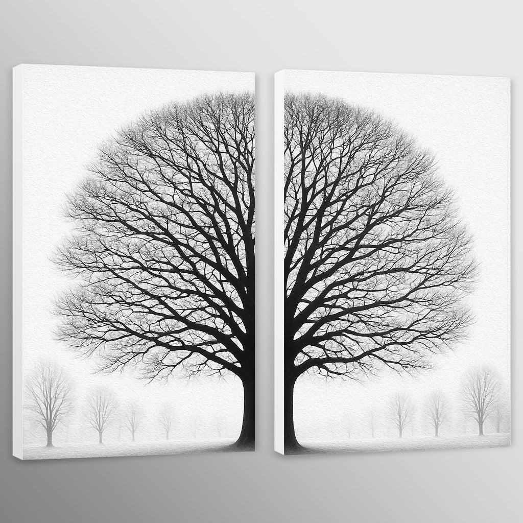 Two canvas prints with black tree silhouettes on a white background