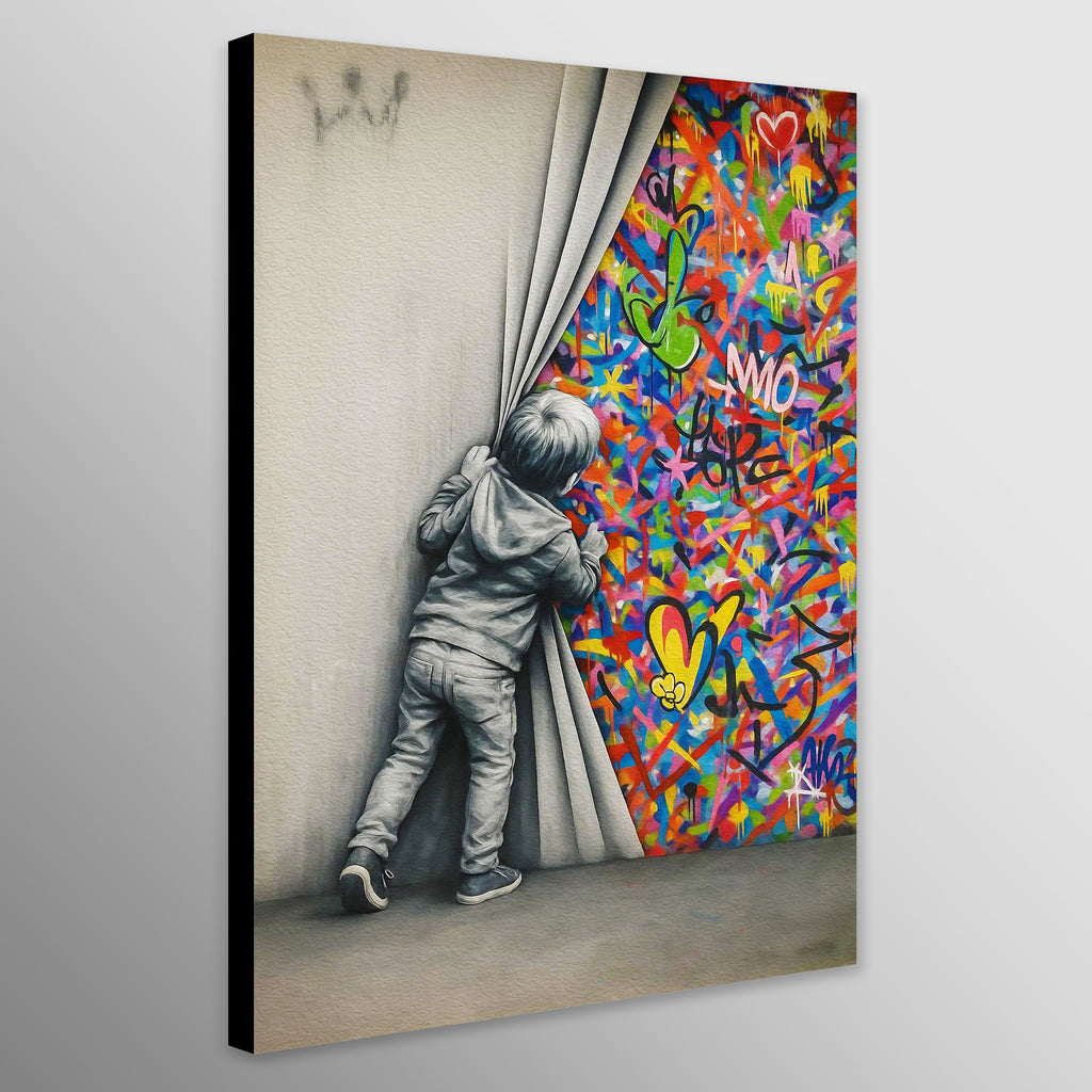 Canvas print of a child peeking behind a curtain into a colorful graffiti world.