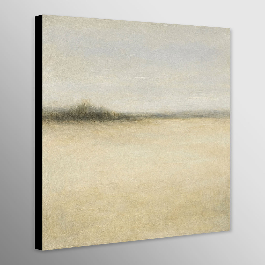 Abstract landscape painting with soft earthy tones on a gray background