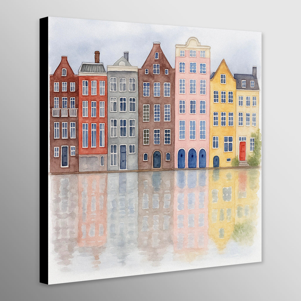 Canvas print of colorful houses reflected in water on a gray background
