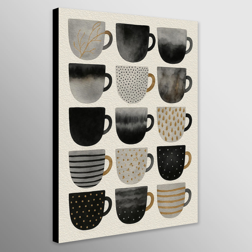 Canvas print with black sides pattern of black and white mugs on a beige background