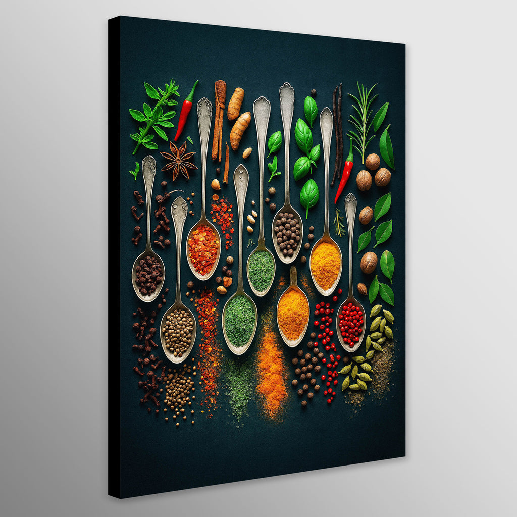Canvas print of spices and herbs in spoons on a dark background