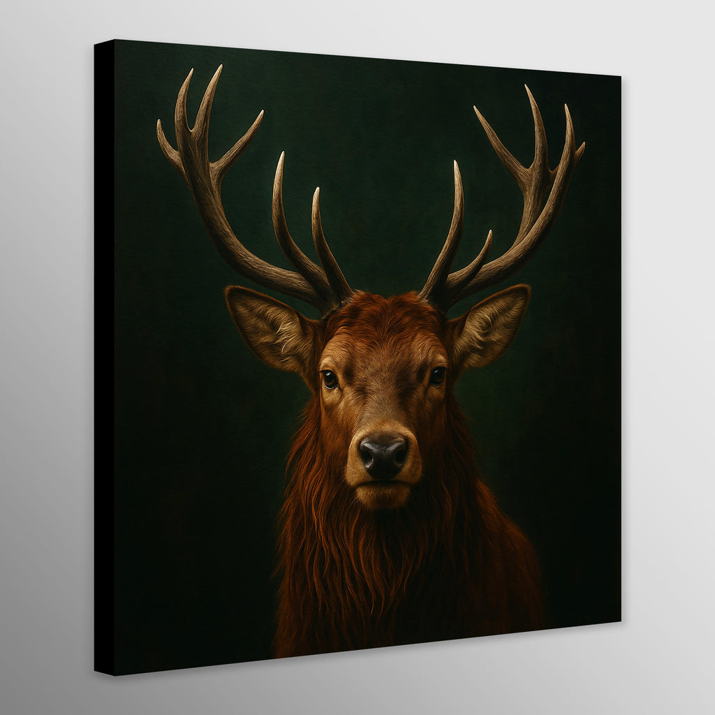 Canvas print of a deer with large antlers on a dark background