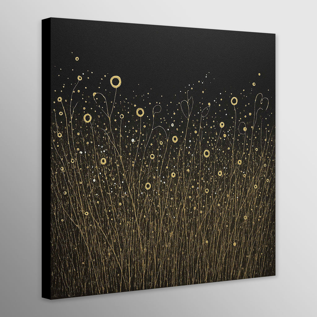 Canvas print with black edging of a black background with gold floral patterns