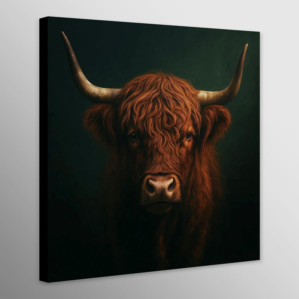 Canvas print of a brown cow with large horns on a dark background