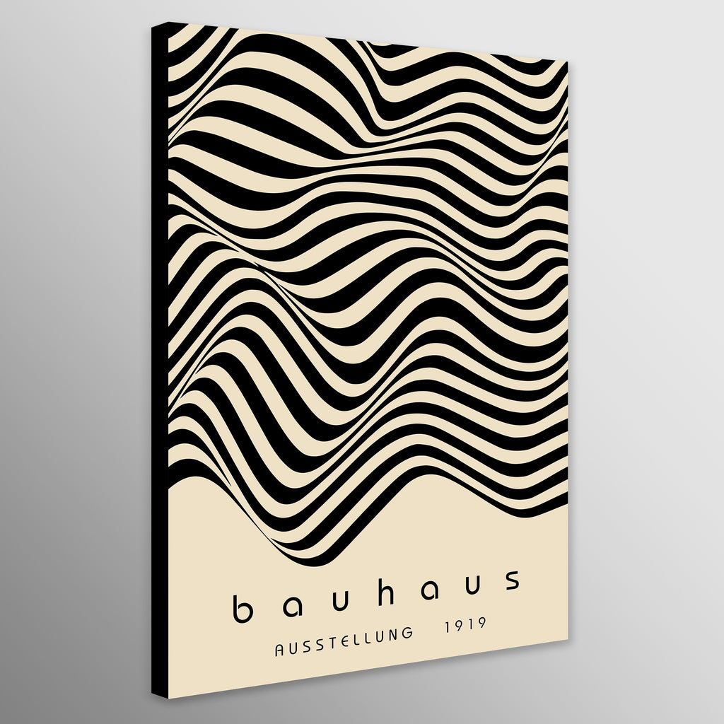 Canvas print with black and white wavy pattern and 'bauhaus' text on a gray background