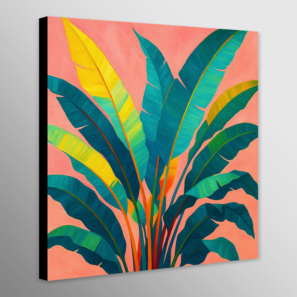 Canvas print with colorful tropical leaf design on a pink background