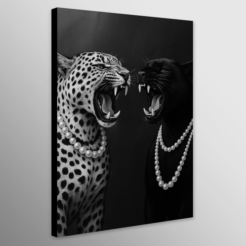 Canvas print of two roaring leopards wearing pearl necklaces on a black background.