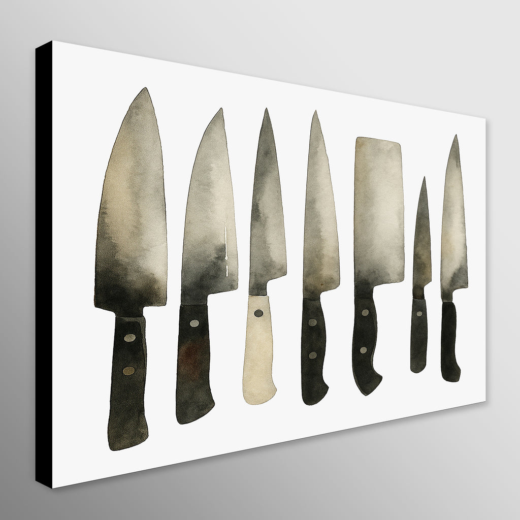 Canvas print of a set of knives on a white background