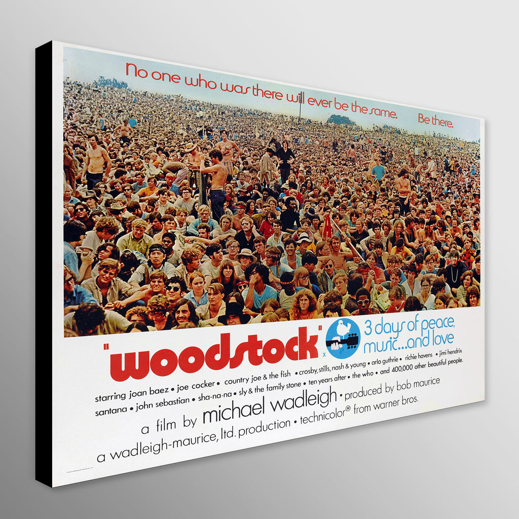 Woodstock movie poster printed onto canvas with black edges with crowd scene and text on a grey background