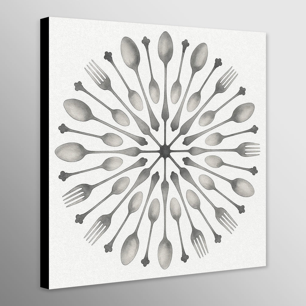 Decorative wall art with a geometric pattern of spoons and forks on a white background