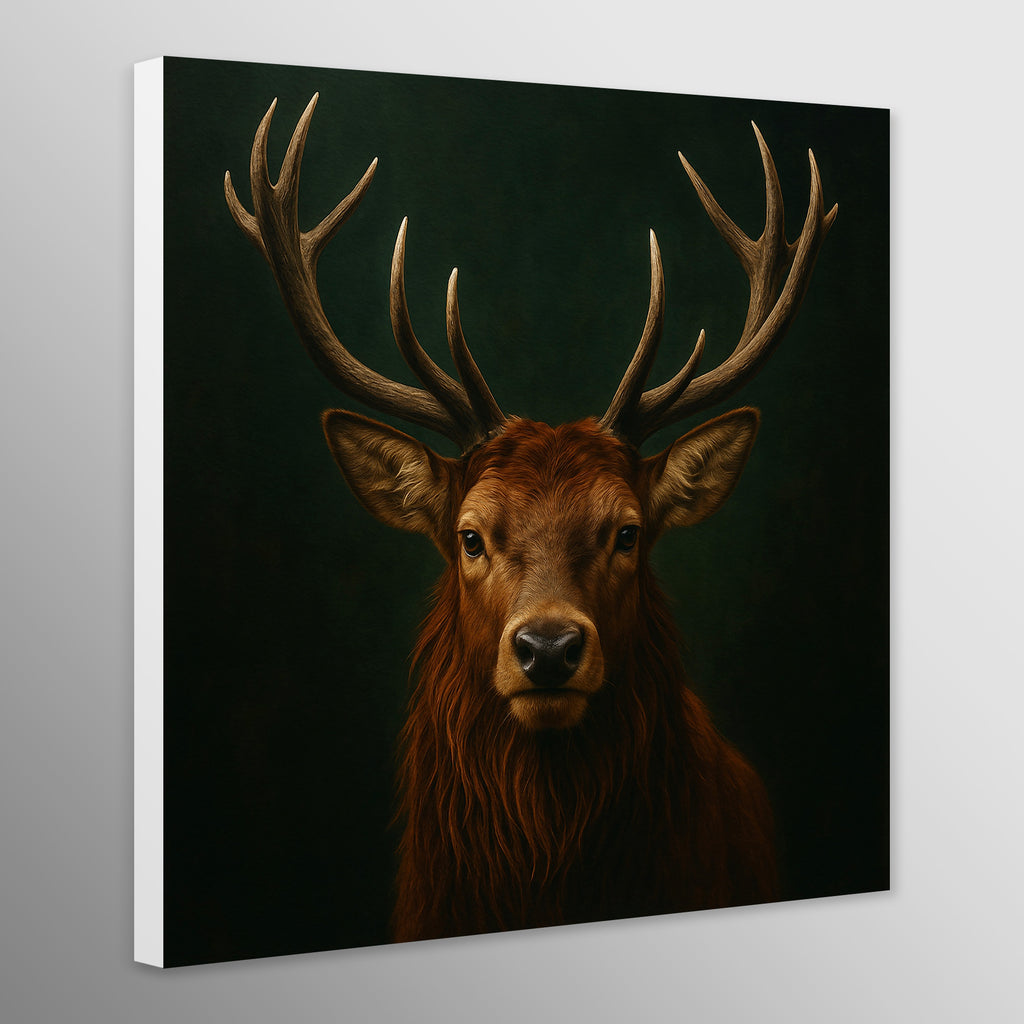 Canvas print of a deer with large antlers on a dark background