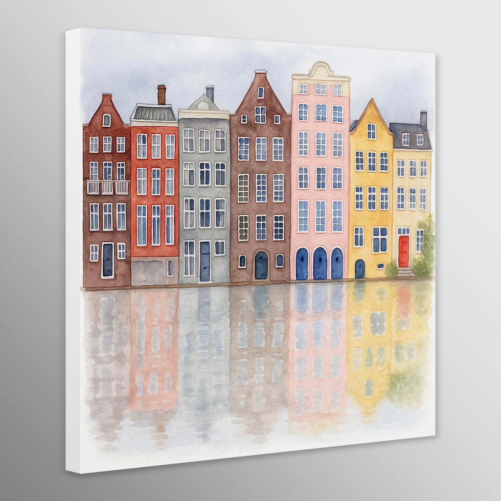 Canvas print of colorful houses reflected in water on a gray background