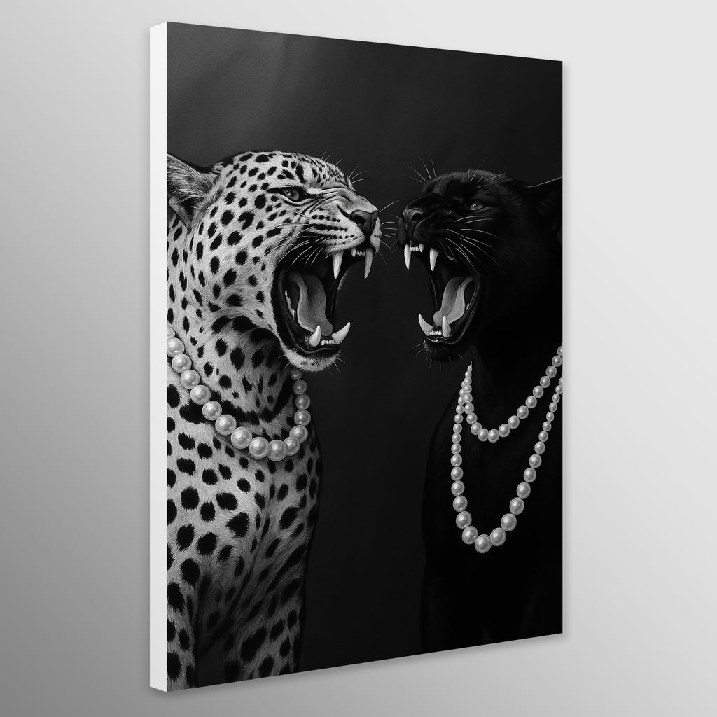Black and white painting of two roaring panthers wearing pearl necklaces on a gray background